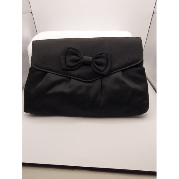 Vintage Black Rayon Satin Clutch Crossbody Purse with Bow & Snap Closure - Picture 5 of 11